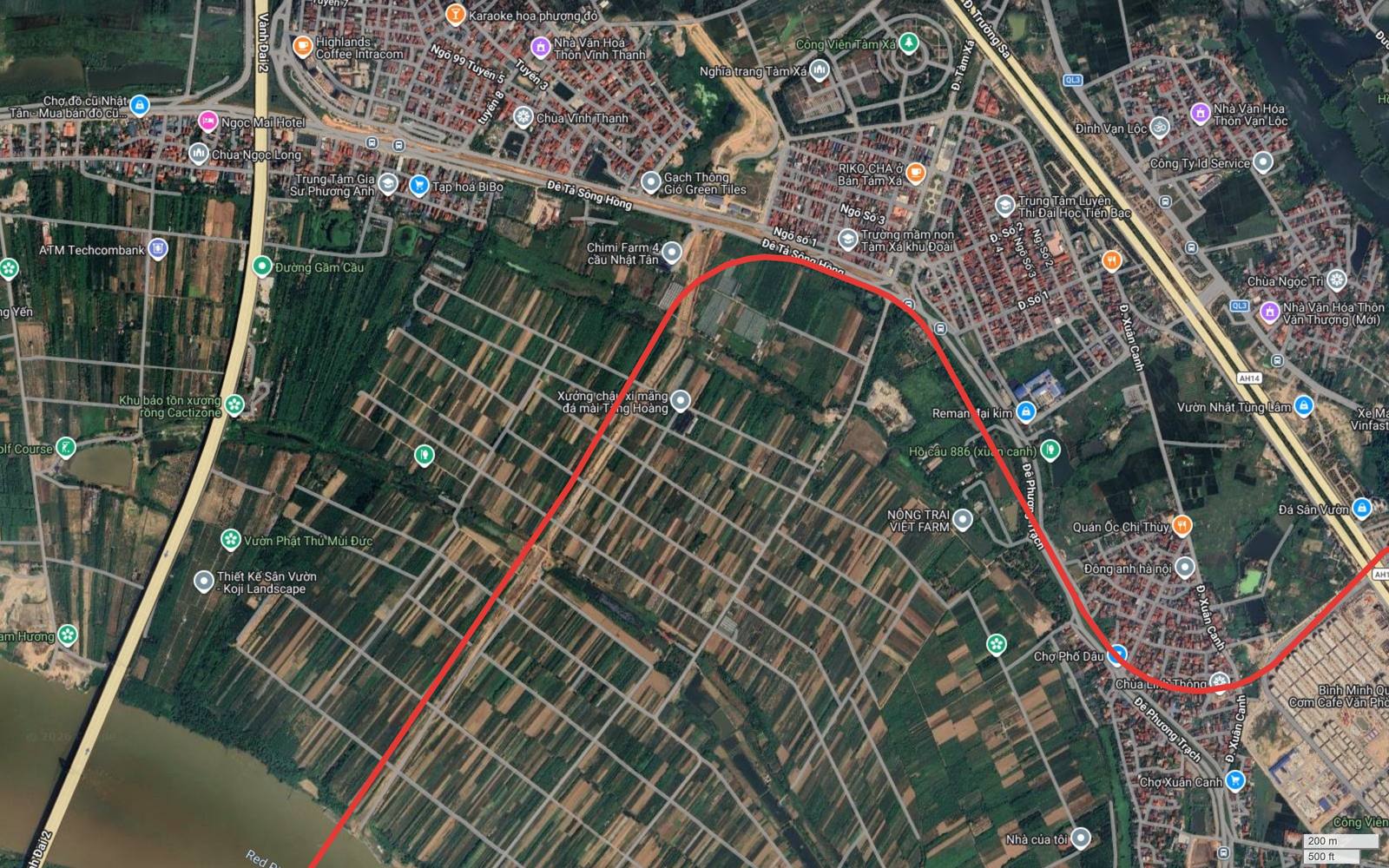 Tuyến metro số 10 Hà Nội tiếp đất tại bãi Tàm Xá và uốn khúc cua rộng bám phía trong Đê Tả Sông Hồng